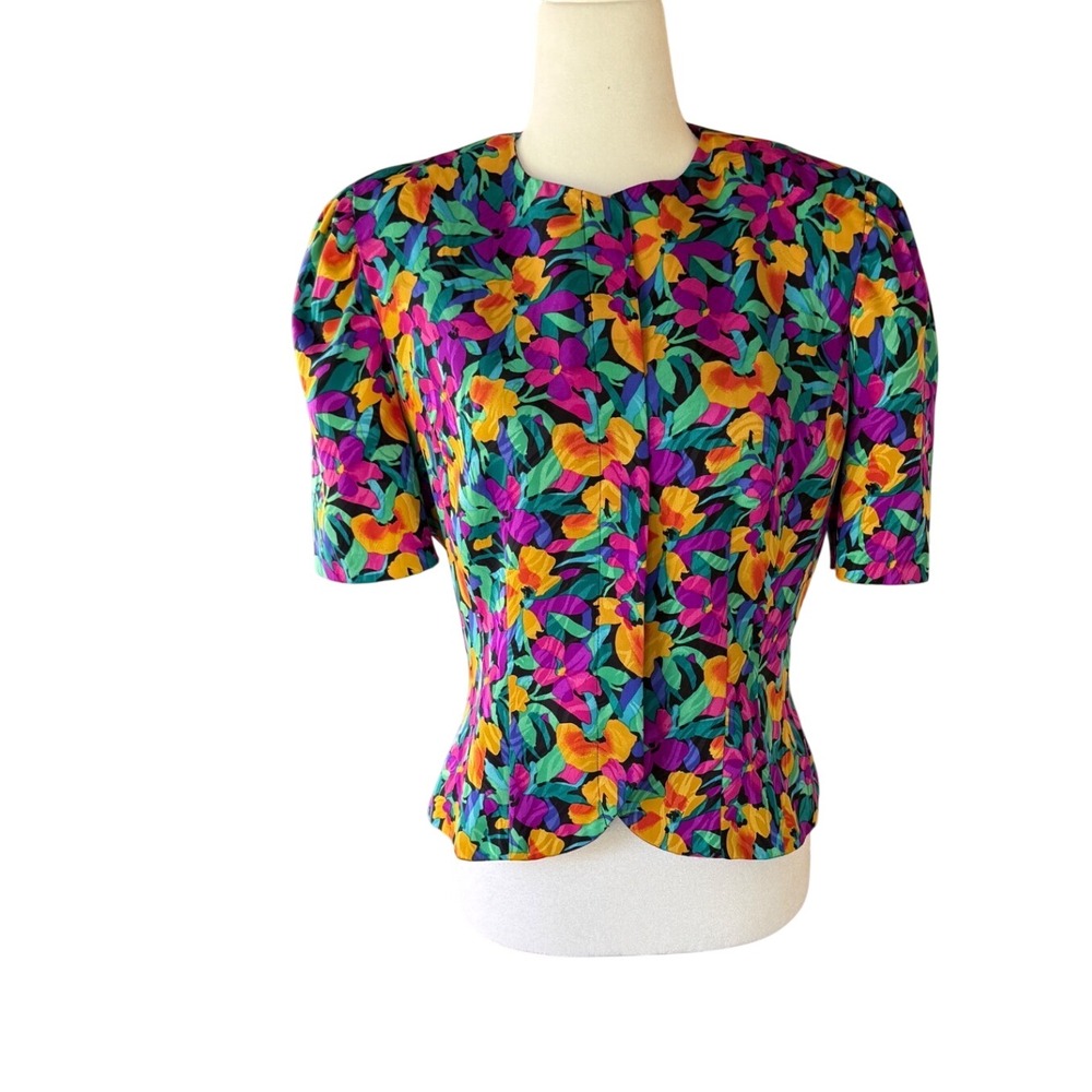 Vintage Papell Boutique Floral Blouse 80s 90s Puff Sleeve Hidden Button Top